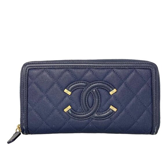 Auth CHANEL CC Filigree, Matelass A84449 Navy Calfskin Leather Long Wallet - Picture 1 of 12